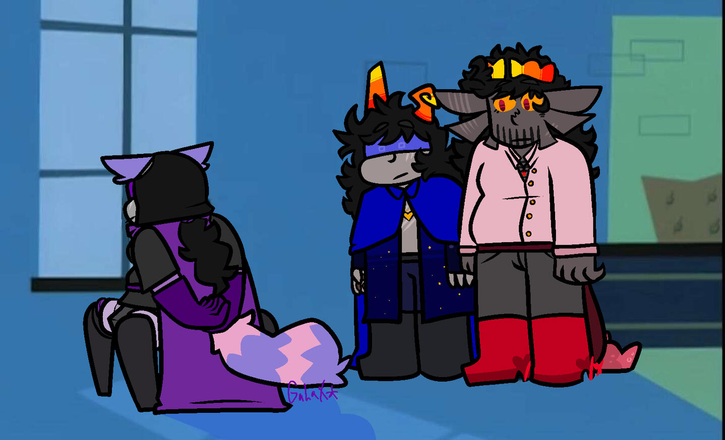 a PICTURE OF GaLaX LOOKING FORLORNLY OUT OF a WINDOW, HaNDS CROSSED BEHIND HIS BaCK. FINNY aND aLTON aRE STaRING aT HIM. ITS a DRaW OVER a PaNEL OF CLONE HIGH WHERE GaNHDI IS TOLD HE HaS aDD.