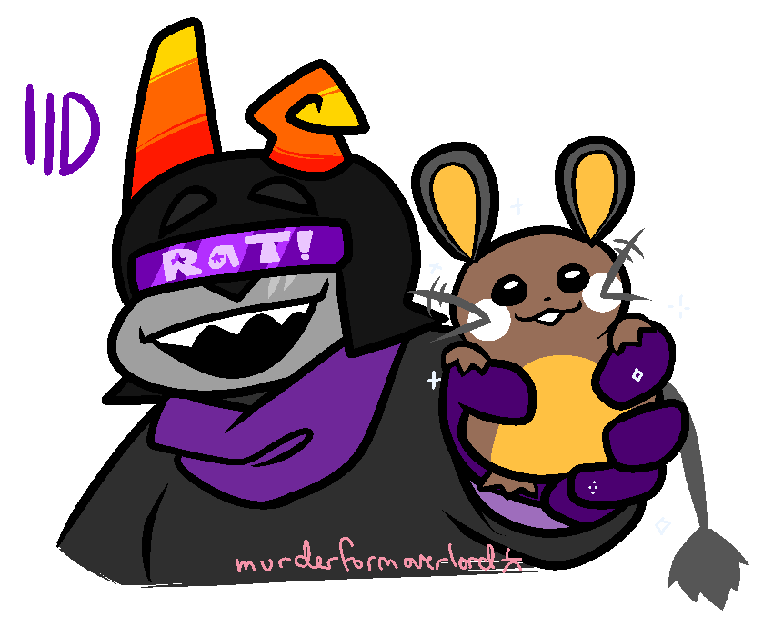 a PICTURE OF GaLaX HOLDING a SHINY DEDENNE, WHICH IS a LITTLE BROWN RaT-LIKE CREaTURE. HE IS BEaMING aND THEIR VISOR SaYS "RaT!"