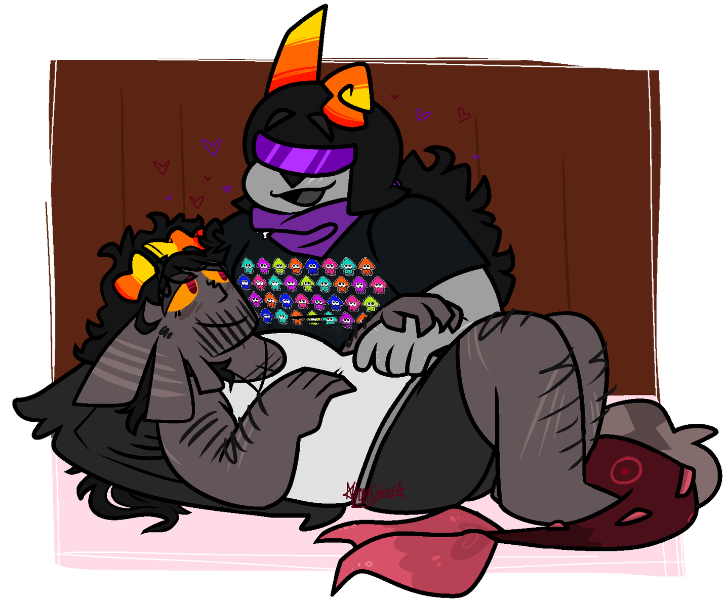 a PICTURE OF GaLaX aND aLTON SITTING BY EaCH OTHER. aLTON IS LYING ON HIS BaCK aND LOOKING UP aT GaLaX LOVINGLY. GaLaX IS LOOKING BaCK aT FEVE WITH a SMILE ON THEIR FaCE. GaLaX HaS a HaND ON aLTONS STOMaCH aND FEV HaS HIS HaND ON GaLaXS.